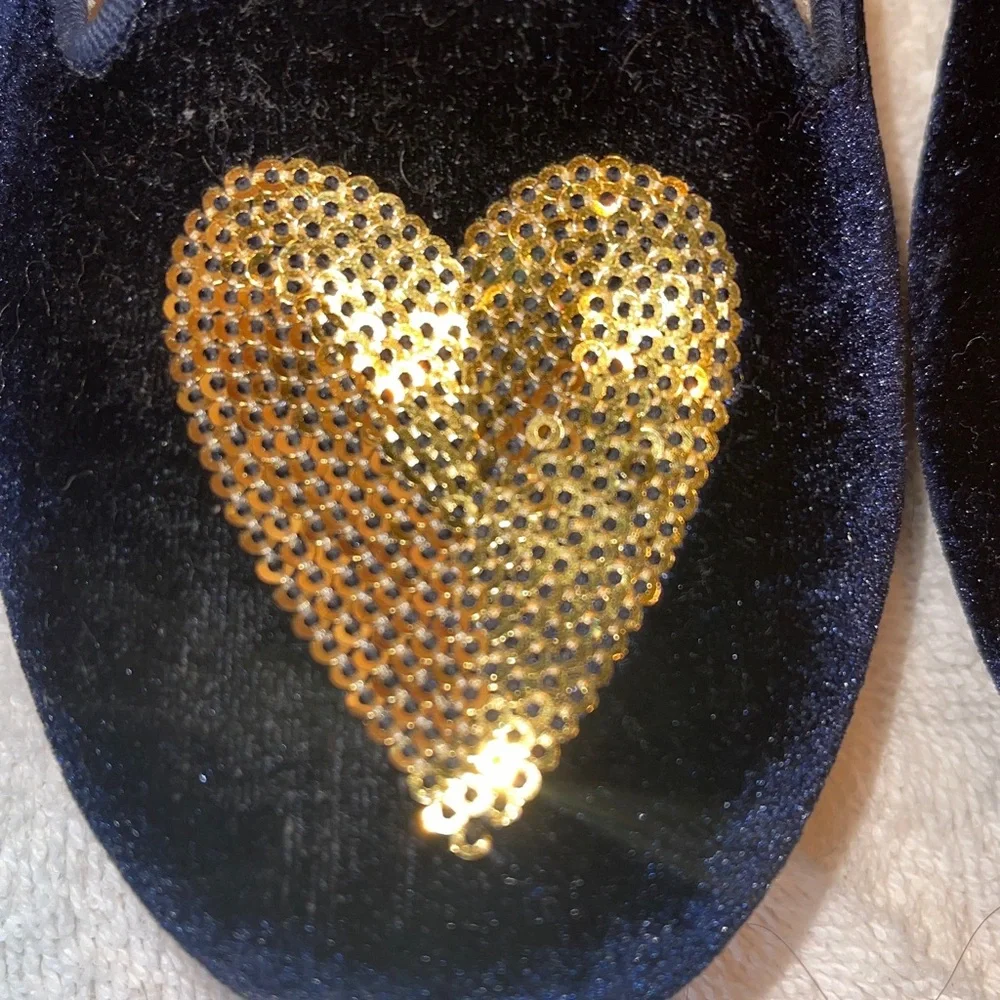 Girls Boden Navy Blue Velvet Shoes with Sequin Heart & Star Size 3 Flats loafers